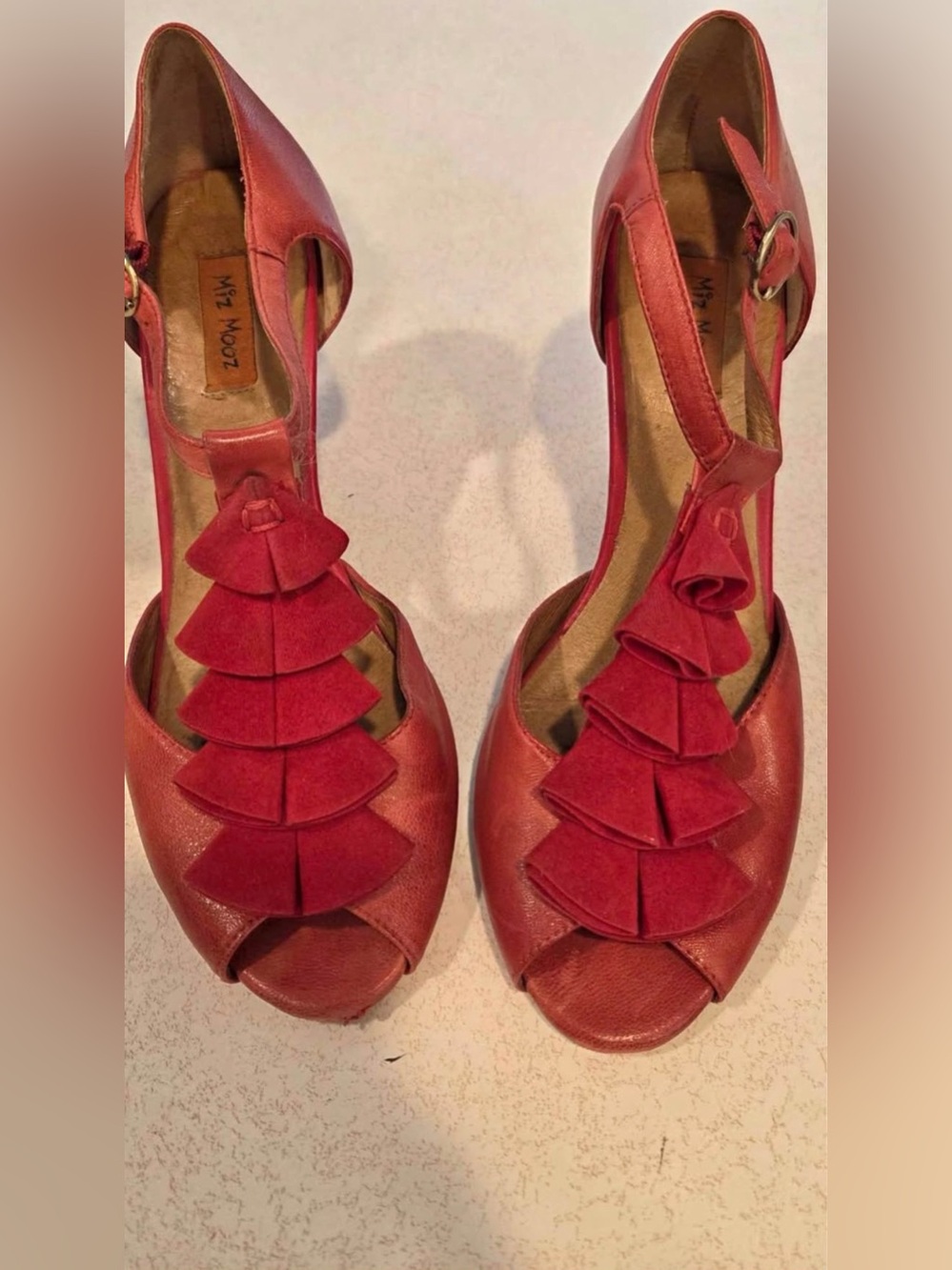 Miz Mooz Red Peep-Toe T-Strap Heels with Layered Ruffle Accent size 7.5
